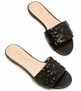 Kate Spade $178 Emmie Floral Embossed Slide Sandals Black Leather Flat US 7 NEW - Picture 1 of 5