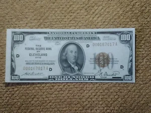 AMAZING 1929 $100 ONE HUNDRED DOLLAR VERY LOW NUMBER NOTE,GEMU, CLEVELAND-ISSUED - Picture 1 of 12