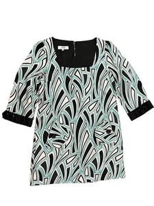 Tibi Shift Dress Size 10 Geometric Pattern Black White Teal 100% Silk Business - Picture 1 of 18