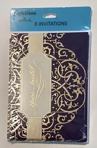 Hallmark Einladungen #LPH5038 Elegant Blau & Gold Einladungen 6er-Pack - Neu aus altem Lagerbestand - Bild 1 von 10