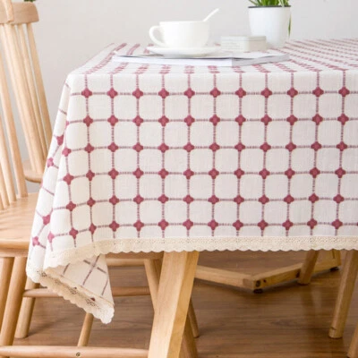 Kitchen Plaid Tablecloth Lace Trim Checked Table Cover Dinning Room Party Decor - Image 1 of 4