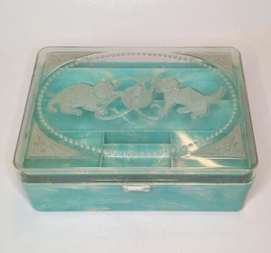 Vintage Hommer 1950’s 2 Kittens Marbled Jade, Light Green, Sewing Jewelry Box - Picture 1 of 11
