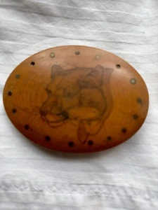 Holz Scrimshaw Puma Gürtelschnalle, Vintage Handarbeit Berglöwe Schnalle - Bild 1 von 5