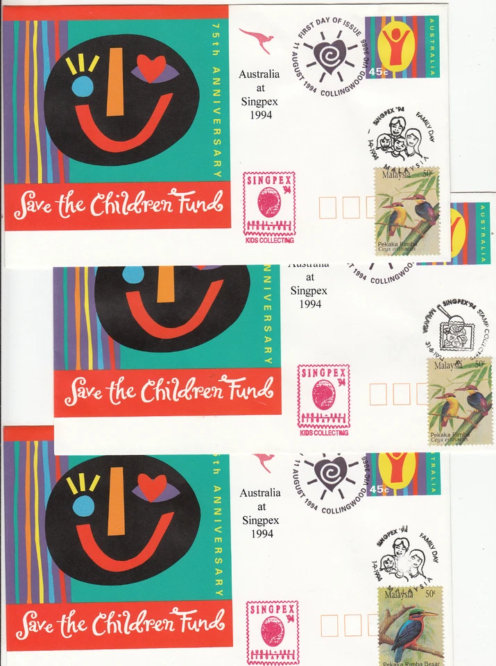 Stamp Australia save the children fund pse SINGPEX 94 cachet Malasia group of 3 - Image 1 of 1