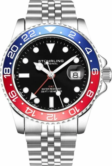 Stuhrling 3968 Aqua-Diver Quartz Silver Bracelet Black Dial 42mm Men's Watch