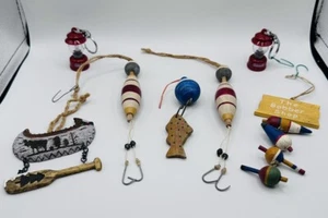 Vintage Rustic Fishing Bobber Christmas Ornaments Folk Art Set Of 7 - Picture 1 of 7