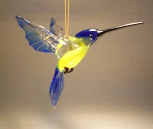 Blue and Yellow Glass Bird Hanging Hummingbird Ornament - Picture 1 of 2