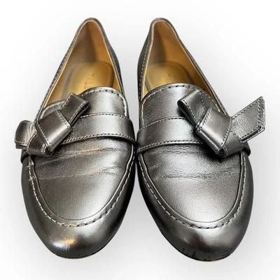 Talbots Ryan Knot Silver Grey Metallic Leather Loafers Size 7 Bow Slip On Comfy - Image 1 of 4