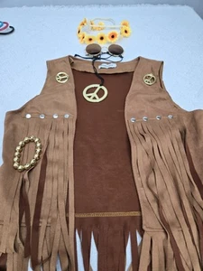 Disfraz hippie para mujer chaleco grande símbolos de paz corona de pelo conjunto de 6 piezas - Imagen 1 de 9