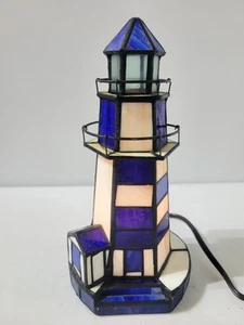 Stained Glass Lighthouse Lamp Cobalt Blue & White Tiffany-Style 9.5" X 5" - Picture 1 of 9