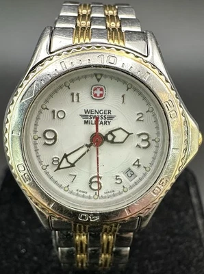 Relógio feminino Wenger Swiss Army moldura rotativa mostrador branco data de aço nova bateria - Imagem 1 de 4