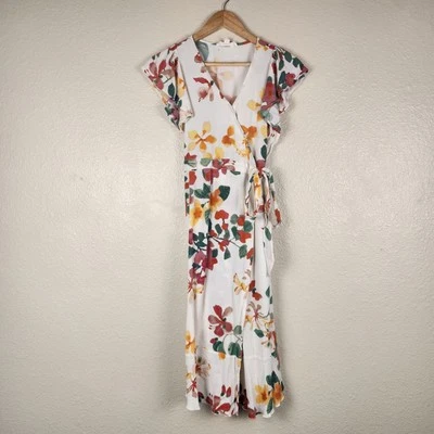 Lovestitch Womens Wrap Midi Dress Small White Floral Ruffle Hem Boho Tie Waist Foto 1 de 4