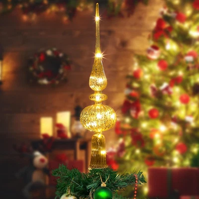 Glass Finial Christmas Tree Topper with 10 Lights | 15" Silver Blown Glass Decor - Image 1 of 4