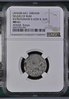 (AH638-641) SELJUQ OF RON KAYKHUSRAW II-LION & SUN DIRHAM MS-61 AH64X. Konya NGC Foto 1 de 2