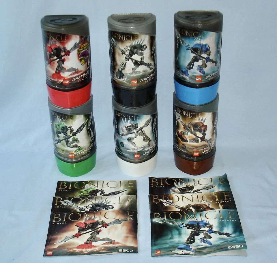 All 6 Lego Bionicle RAHKSHI (8587 ~ 8592) 100% in Canisters + rare PURPLE KRAATA - Image 1 of 4