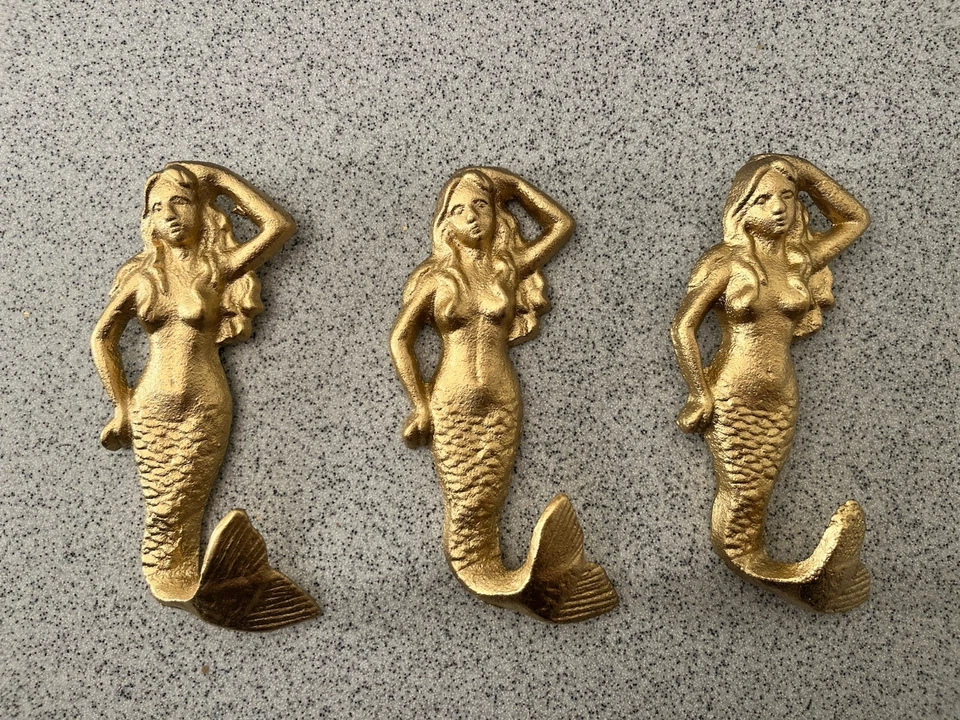 Juego de 3 ganchos de pared de hierro fundido sirena dorada náutica costa playa decoración del hogar Foto 1 de 4