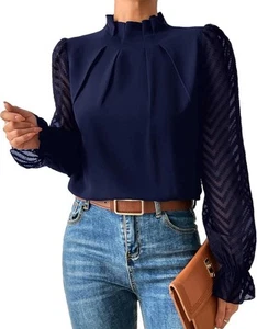 Women's Solid Mesh Flounce Long Sleeve Blouse Frill Mock Neck Shirt Top Sz L - Picture 1 of 10