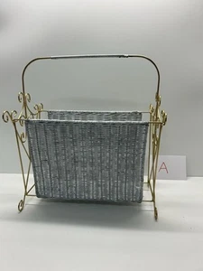 Estante de discos vintage moderno de mediados de siglo de mimbre y latón ornamentado #A - Imagen 1 de 5