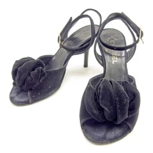 CHANEL Velor Flower motif Sandals 37 Black authentic Women - Picture 1 of 6