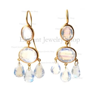 17.1 Ct Rainbow Moonstone Chandelier Wedding Earrings 14k Yellow Gold Jewelry - Picture 1 of 2