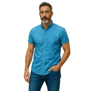 Camisa de manga corta Bossini para hombre grande azul con botones estampado informal vestido - Imagen 1 de 9