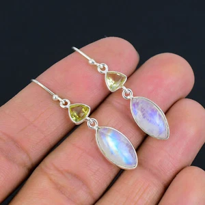 Rainbow Moonstone & Citrine 925 Sterling Silver Drop Dangle Earrings E-3883 - Picture 1 of 5