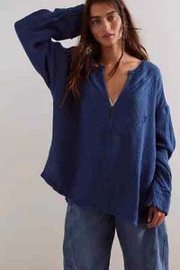 Free People We The Free Easy Sunday Pullover Blouse XS 2 Blue Cotton Top 44088 - Picture 1 of 10