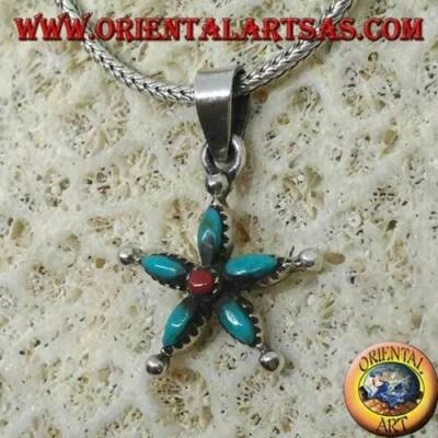 Ciondolo In Argento 925‰ a stella con turchese a navetta e corallo al centro 1 - Immagine 1 di 2