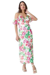 Floral Print Cold Shoulder Midi Dress For Women UK - Ladies Roman Originals - Picture 1 of 12