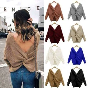 Womens Knitted Sweater Jumper V Neck Long Sleeve Knot Twist Wrap Cross Back - Picture 1 of 20