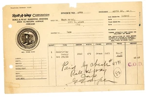 1934 Roll-A-Way Corporation Chicago Invoice Roll-A-Way Bed & Drapes - Picture 1 of 2