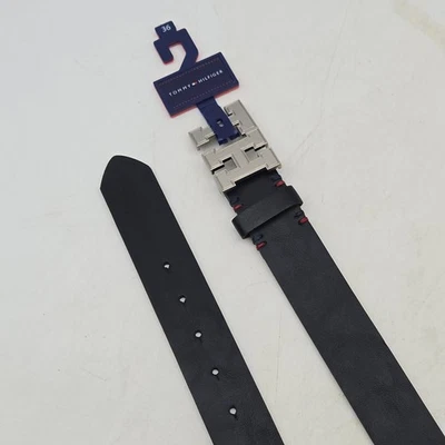 Tommy Hilfiger Belt Black Synthetic Leather Mens 36 Nickel TH Buckle New - Image 1 of 4