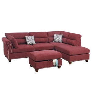 Poundex 3 Piece Fabric Sectional Sofa Set with Storage Ottoman in Paprika Red - Picture 1 of 4