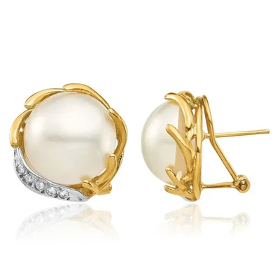 14K Solid Yellow Gold 12mm Saltwater Cultured Mabe Pearl Diamond Omega Clip ... - Image 1 of 4