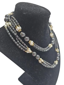 Triple Strand Hematite Necklace Freshwater Pearls Gold Tone 30" - Picture 1 of 6