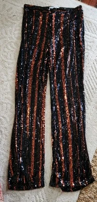 NEW Zara The Abbey Flared Pant In Black & Orange Striped Sequined Trousers Sz S - Image 1 of 4