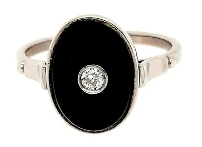 Anillo de oro blanco de 14 quilates de ónix y diamantes banda de joyería fina talla K Foto 1 de 4