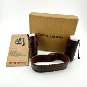 Genuine Royal Enfield Ice Leather Dark Brown Bracelet Complete w Lapel Pin NIB - Picture 1 of 11