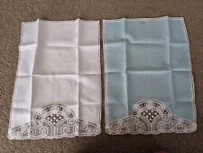 2 Vintage linen Lace Madeira Tapework Guest hand Towels Blue &White
