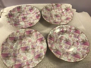 Formalities Baum Bros Pink Flower Chintz set of 4 wide rim soup or pasta bowls - Picture 1 of 10