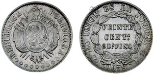 Bolivia 1879 PTS FE 20 Centavos Silver 90.0% XF - Picture 1 of 1