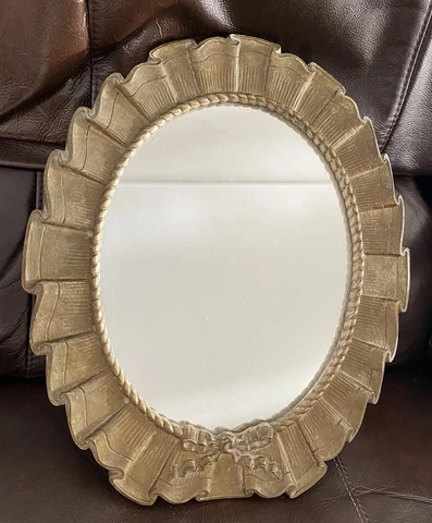 VTG ‘40s Ribbon & Bow SYROCO Wood Resin Wall Table Oval Antique Brass Mirror 13” Cover