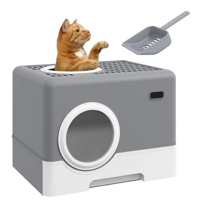 PawHut geschlossene Katzentoilette mit Deckel, Fronteingang, Top Exit, Scoop - Grau