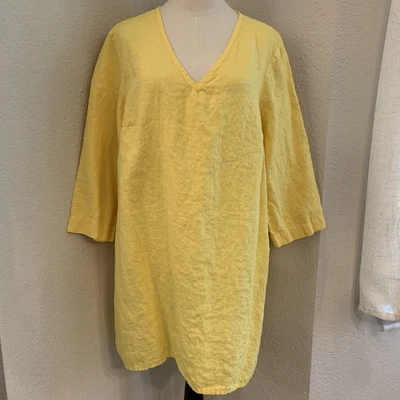 Túnica LINO 100 % lino amarillo mantequilla cuello en V manga 3/4 para mujer L Lagenlook Boho Foto 1 de 4