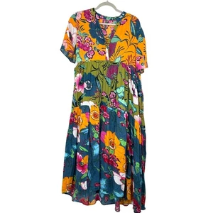 Abito midi Anthropologie a strati stampa floreale arancione verde blu boho gauzy resort - Foto 1 di 12