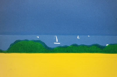 Farb-Linolschnitt „Rapsfeld am Meer III“, Originaldruck, signiert T. Ehmke, 2025 - Bild 1 von 4