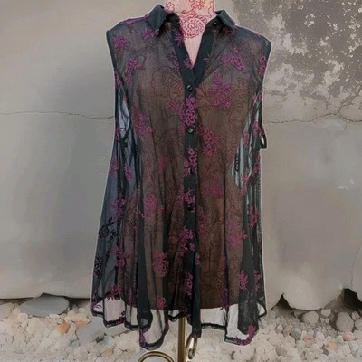NUEVO CON ETIQUETAS TALLA 22/24 Avenue Camisola Camiseta sin mangas Sobrecamisa Transparente Negra Floral Bordada Foto 1 de 4