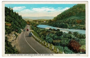 Lincoln Highway and Juniata River, Bedford PA bordered tinted postcard  - Picture 1 of 2