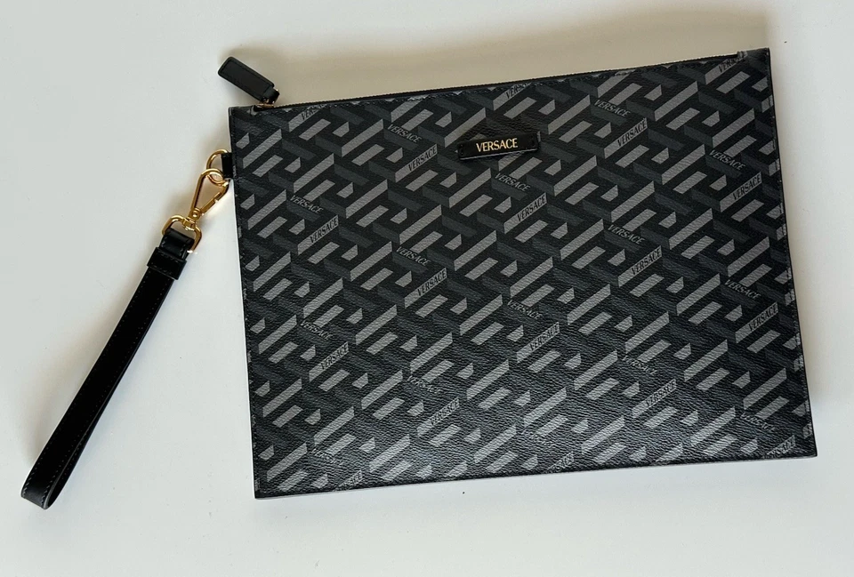 范思哲 Greca 涂层帆布大号手拿包黑色/灰色 1010525 IT 全新带标签 — 第 1/4 张图片