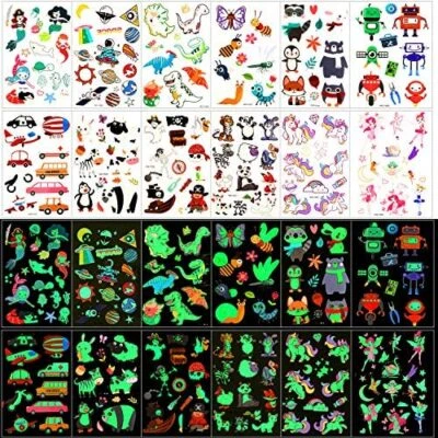 Qpout Temporary Tattoos for Kids, 135pcs Glow In The Dark Mixed Style Cartoon T